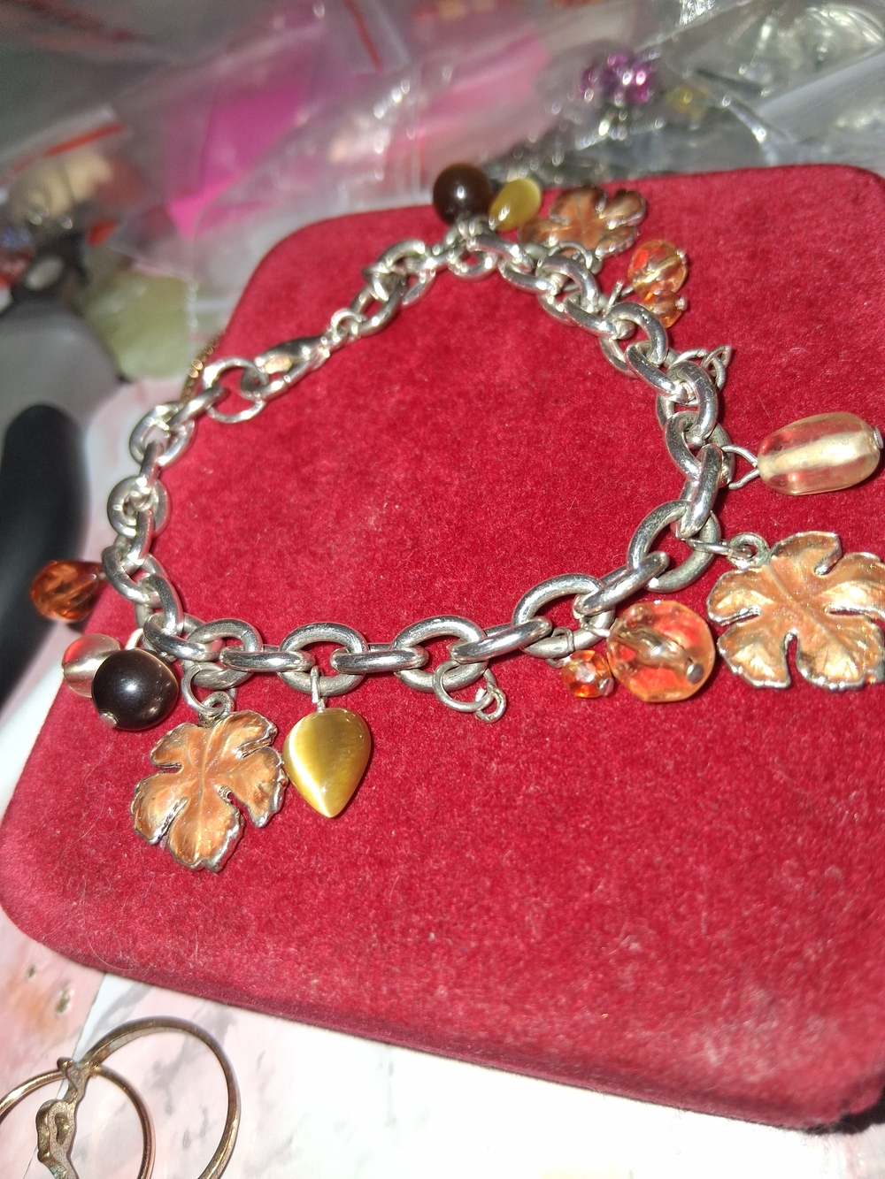 Source Unknown Silver Link Bracelet with Orange Leaf Charms